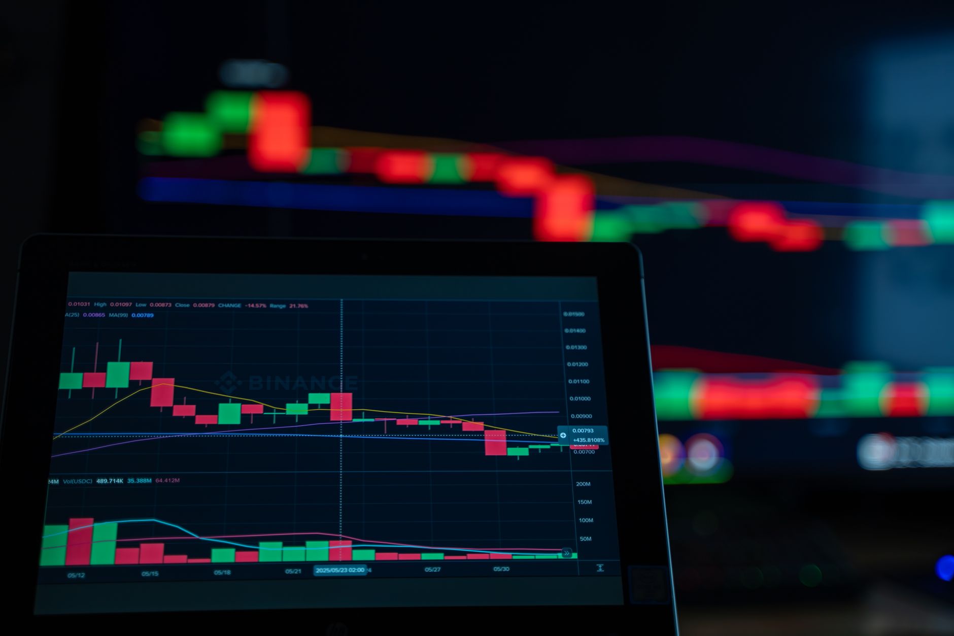 rows of glowing trading terminals displaying green and red price tickers inside an empty exchange floor at night