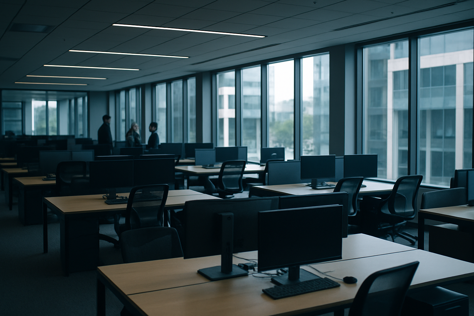 rows of empty co-working desks and open-plan office stations inside a modern business incubator, natural light streaming through floor-to-ceiling windows