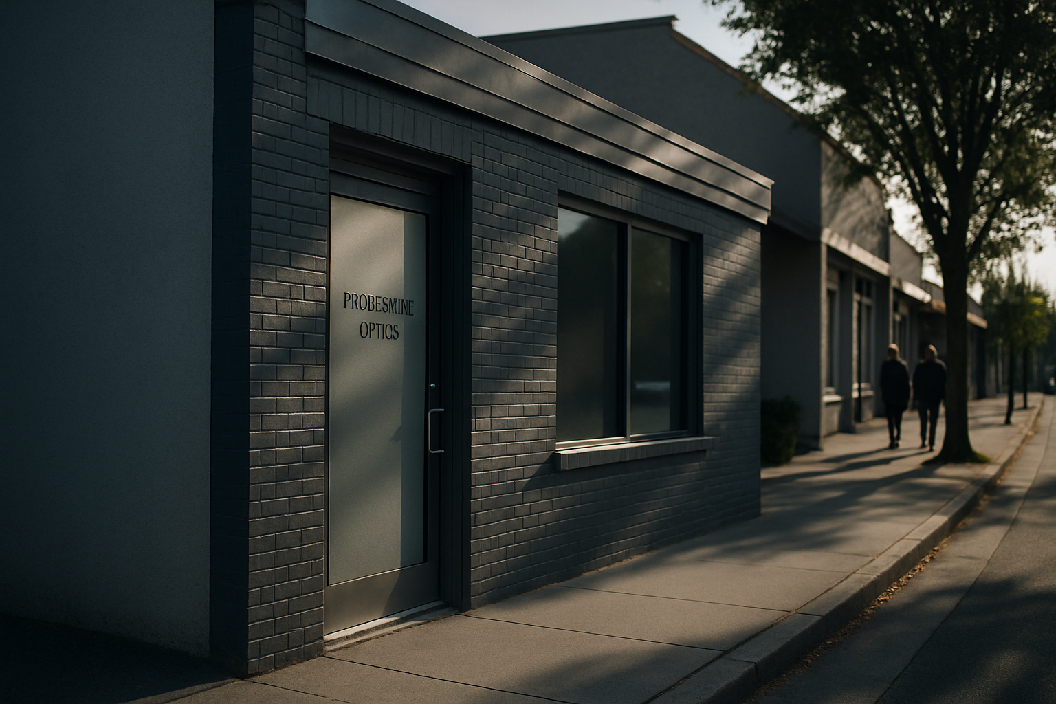 exterior of a small professional services office building on a quiet commercial street, signage visible on a frosted glass door, late afternoon sunlight casting long shadows across the pavement