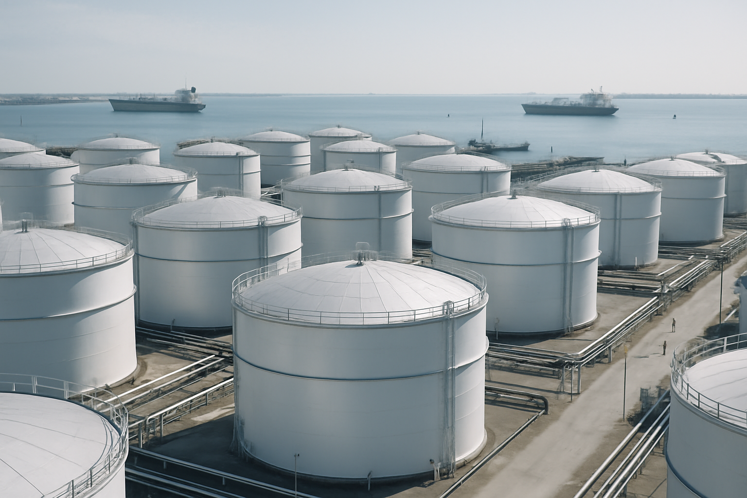 rows of large oil storage tanks in a coastal industrial facility at midday, with tanker vessels visible in the background harbor