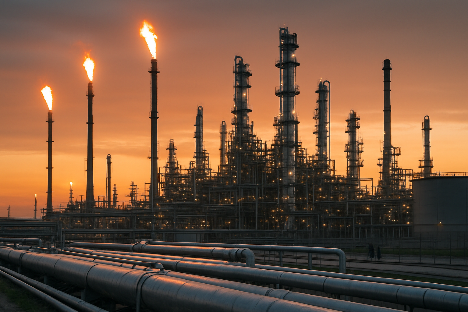 exterior of a large oil refinery complex at dusk with flare stacks illuminated against an orange sky and pipeline infrastructure in the foreground