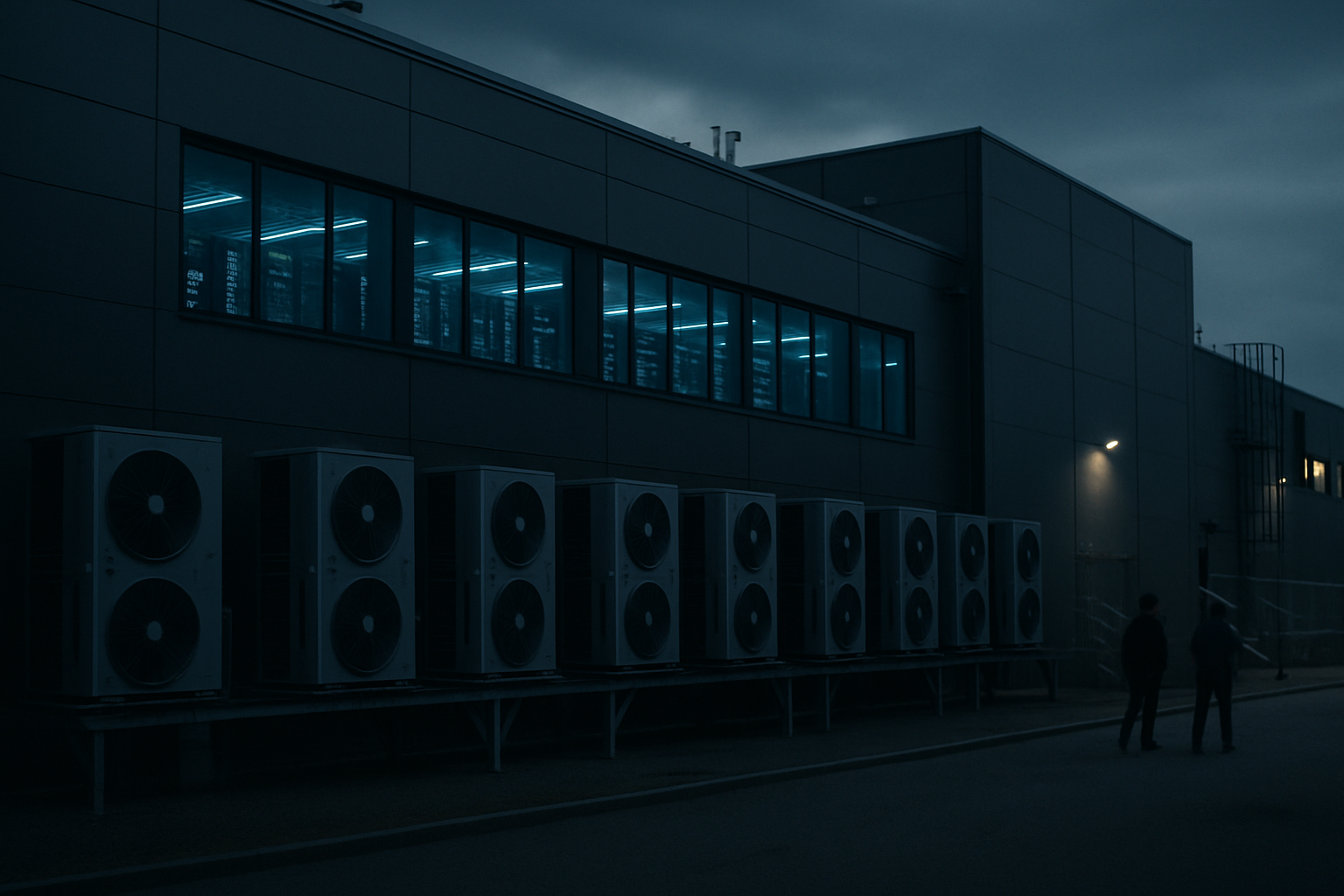 exterior of a large modern data centre facility at dusk, with rows of ventilation units and faint blue light emanating from server room windows