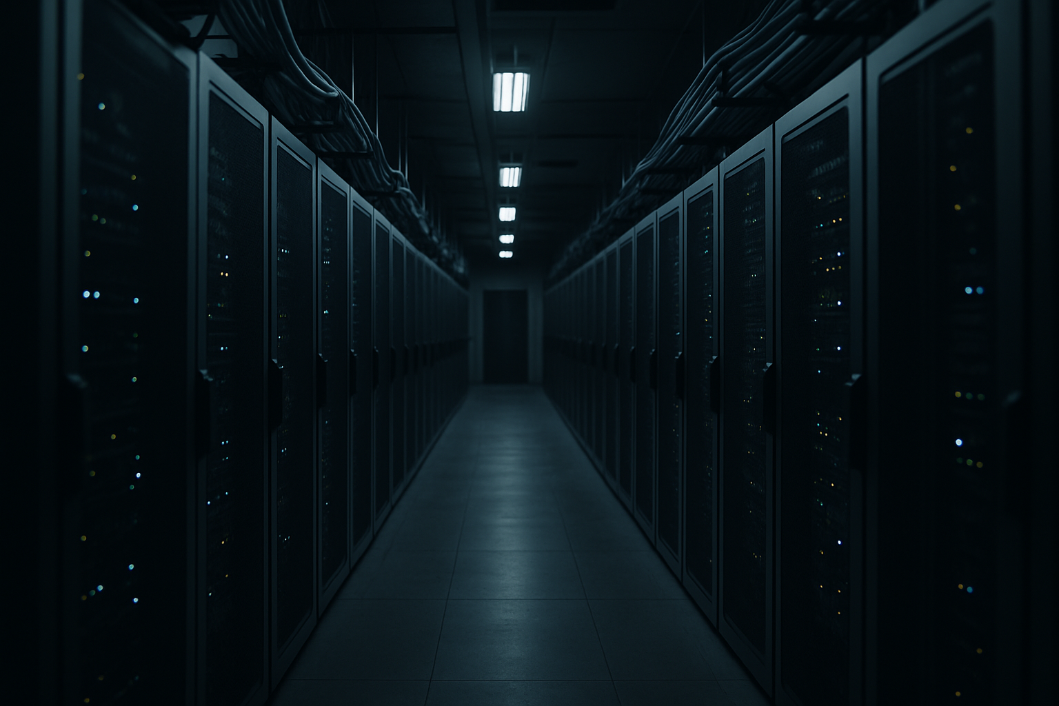 rows of high-density server racks inside a cooled data centre corridor, with cables running along the ceiling and indicator lights blinking in the low light