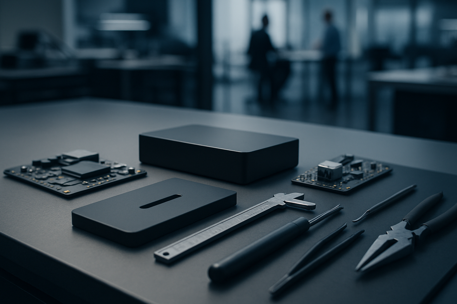 close-up of a sleek, minimalist industrial design studio workbench with prototype electronic components and precision tools arranged neatly under studio lighting