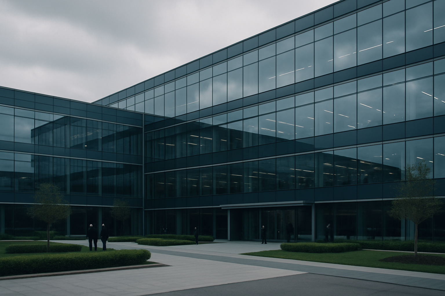 exterior of a large modern corporate campus building with floor-to-ceiling glass facades reflecting an overcast sky, surrounded by manicured landscaping