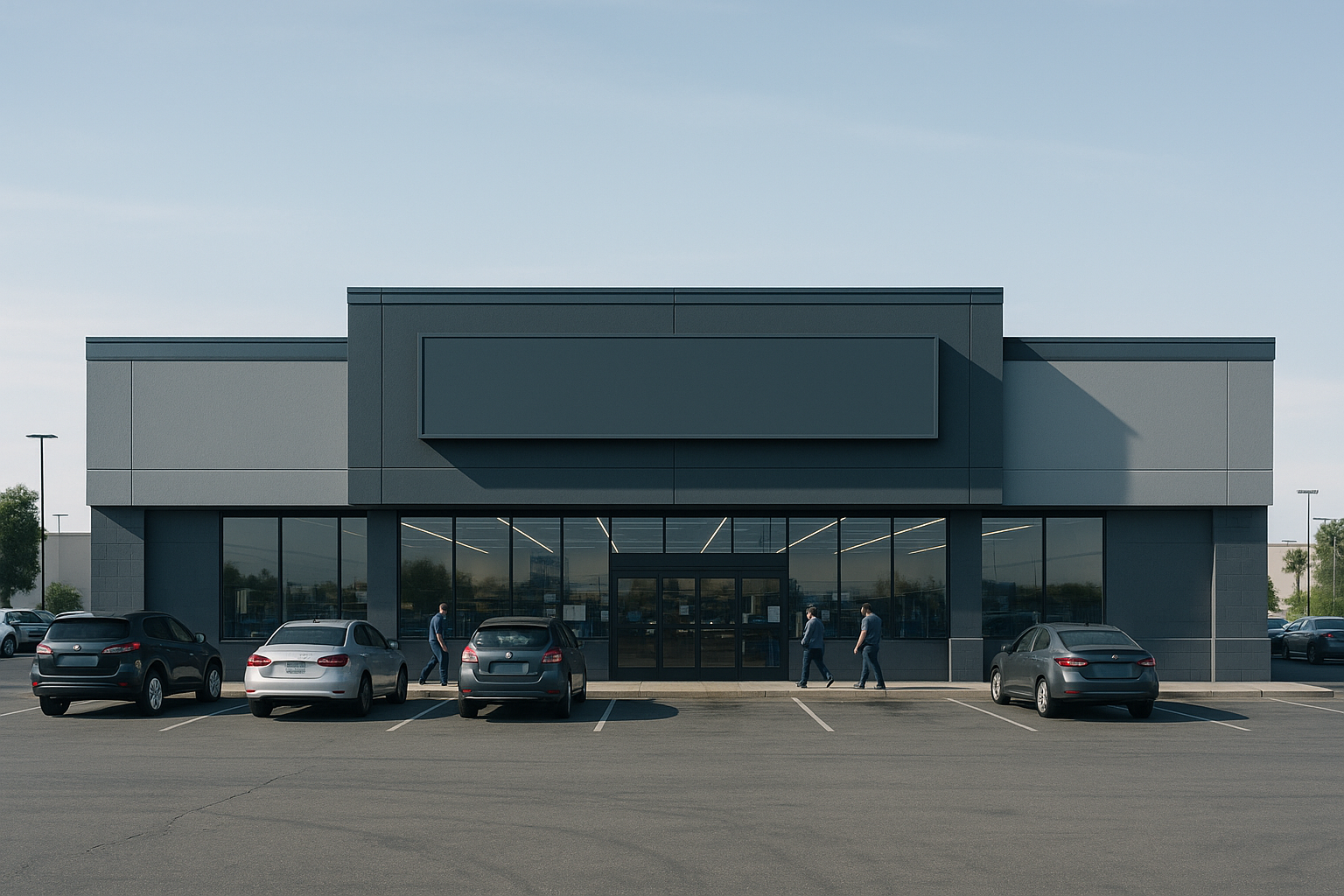 exterior of a large automotive parts retail store with a wide parking lot and signage visible under a clear sky