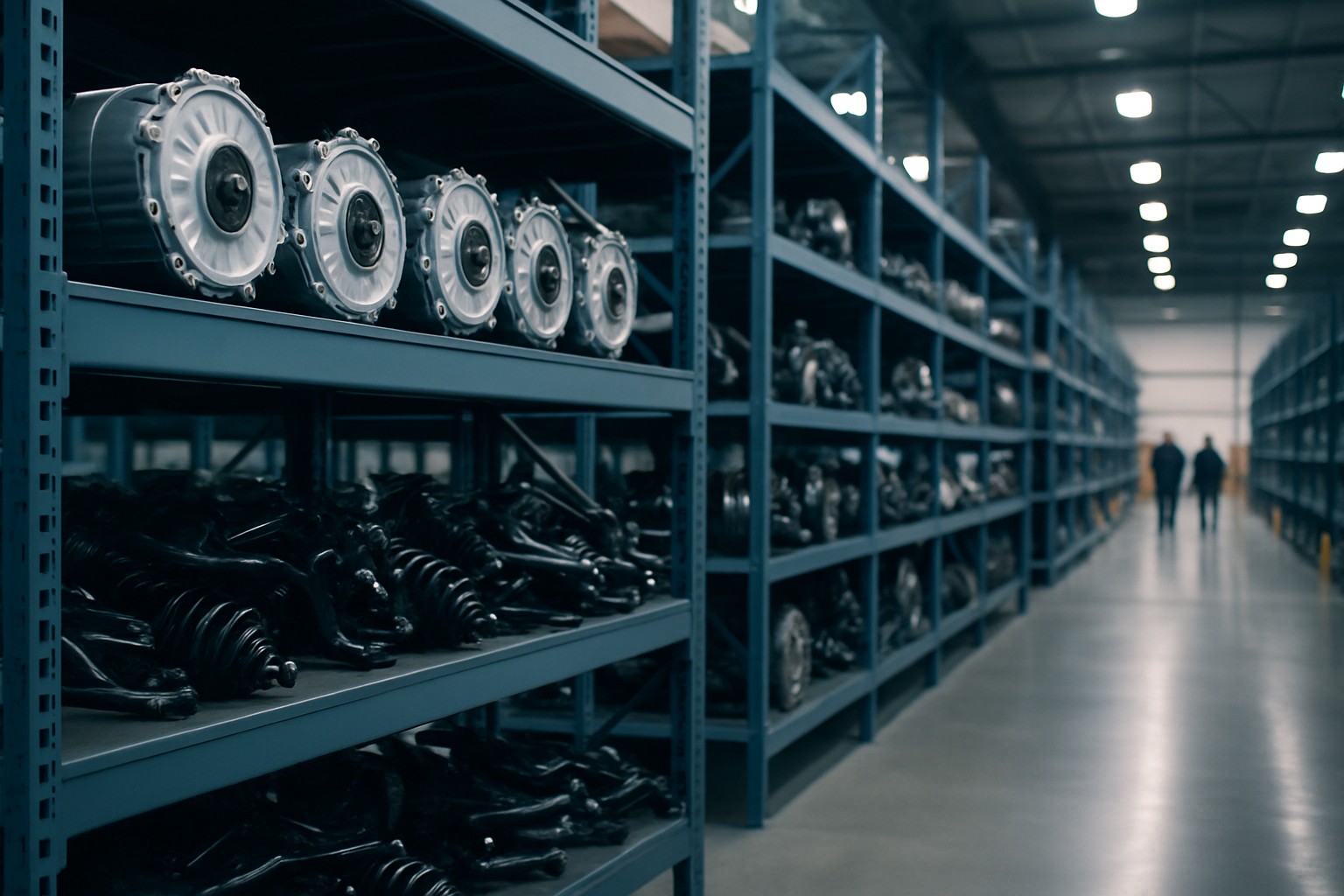 rows of automotive parts displayed on metal shelving inside a large warehouse-style retail interior