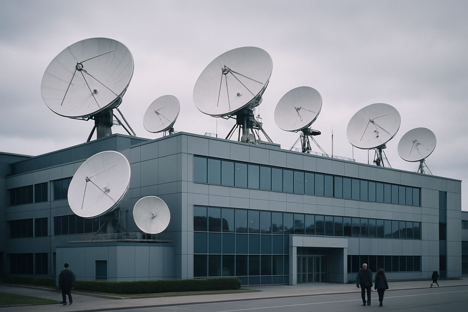 exterior of a large broadcasting facility building on an overcast day, with satellite dishes mounted on the roof