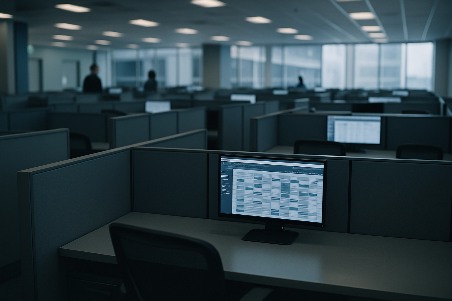 rows of empty office cubicles inside a corporate media company headquarters, with monitors displaying scheduling software
