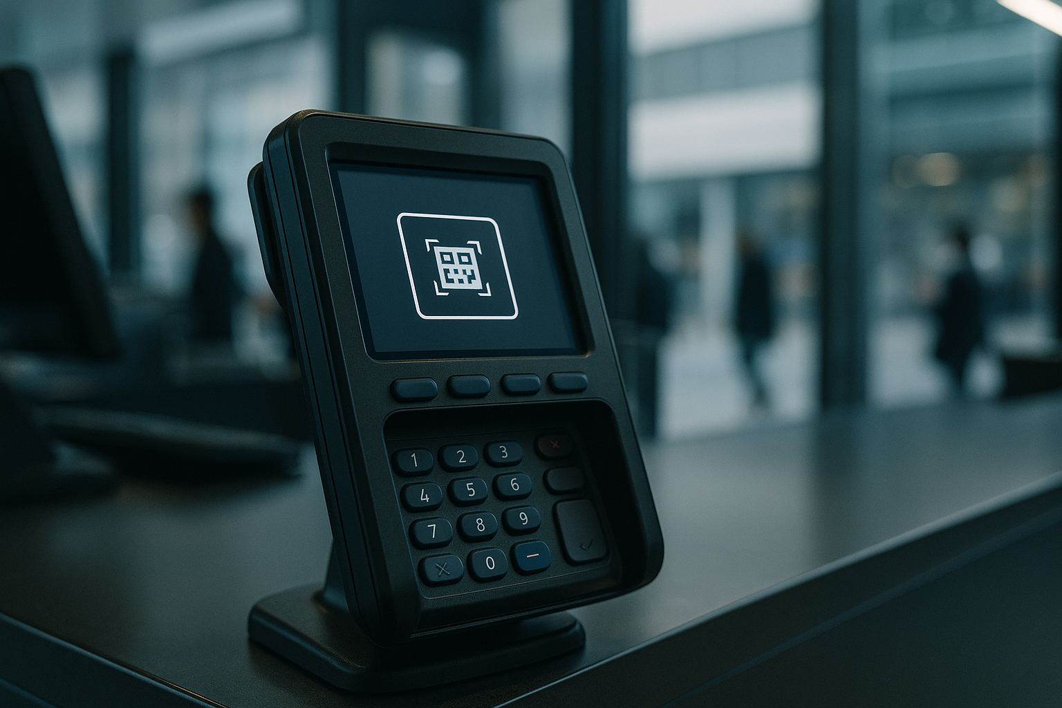 close-up of a payment terminal interface mounted at a retail checkout counter, screen displaying a QR code scanner in a modern urban store interior