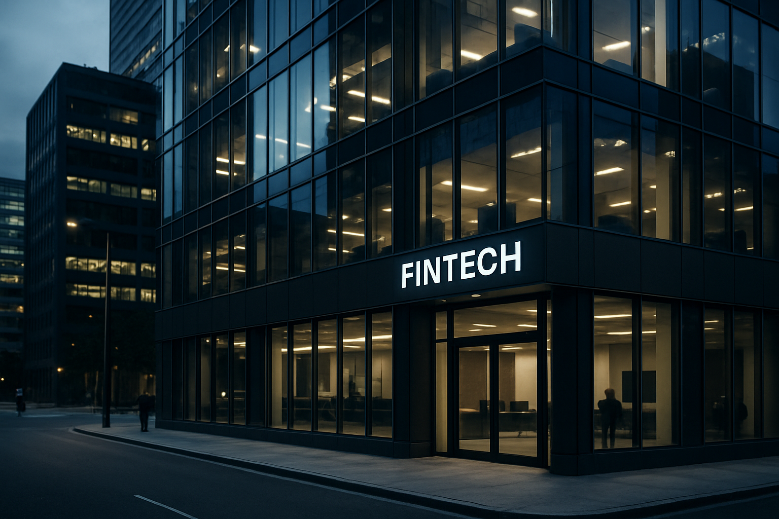 exterior of a modern financial technology office building at dusk, glass facade reflecting city lights, with signage visible along a quiet urban street