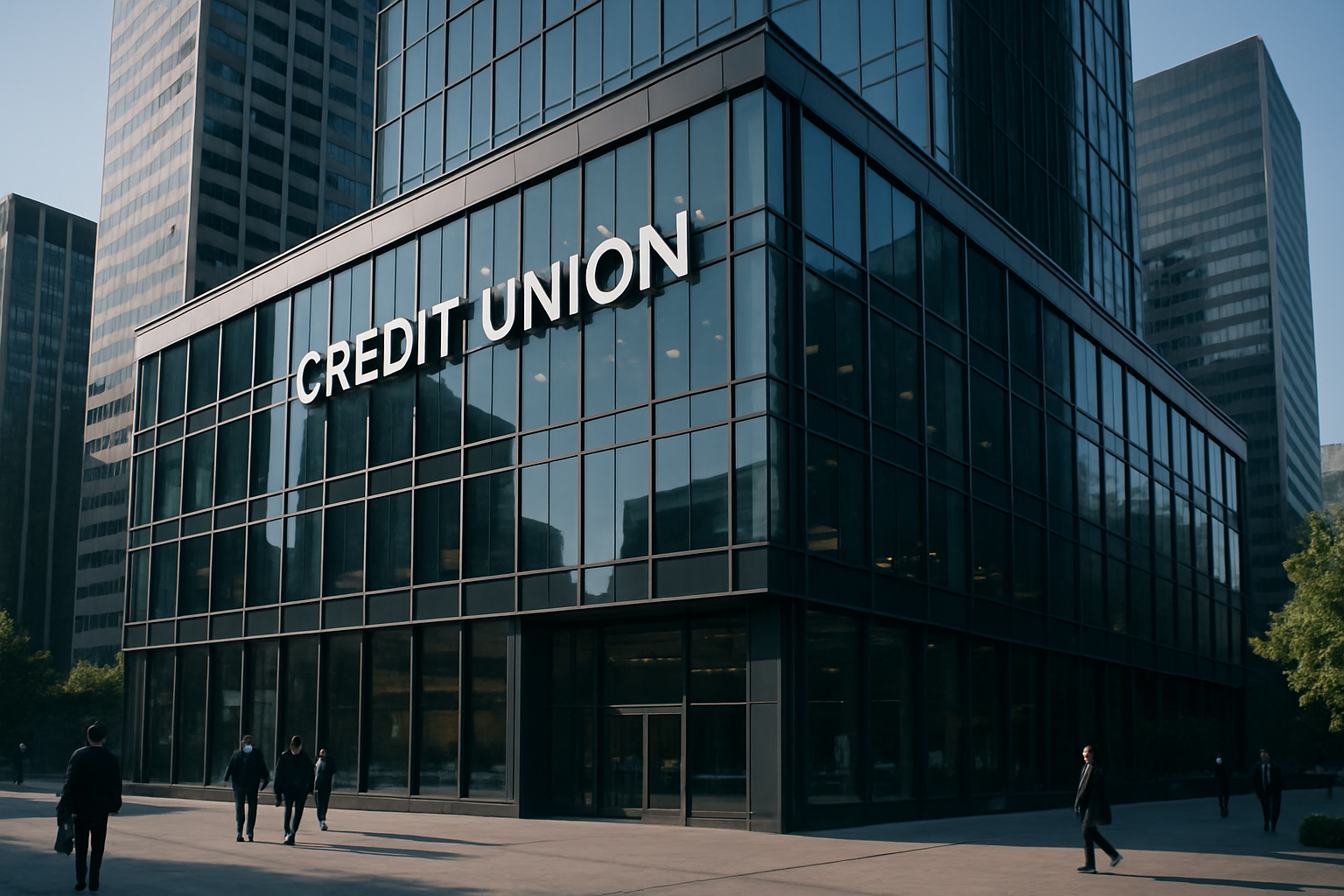 exterior of a modern credit union headquarters building with glass facades reflecting a clear blue sky, located in an urban financial district