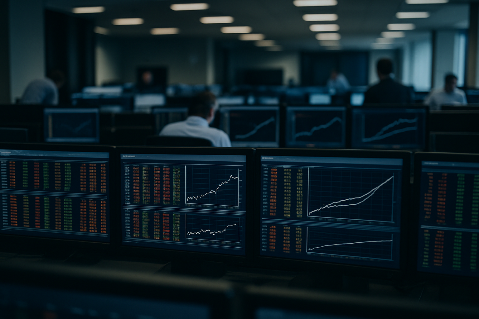 rows of financial trading terminals displaying bond market data and yield curves in a dimly lit institutional dealing room