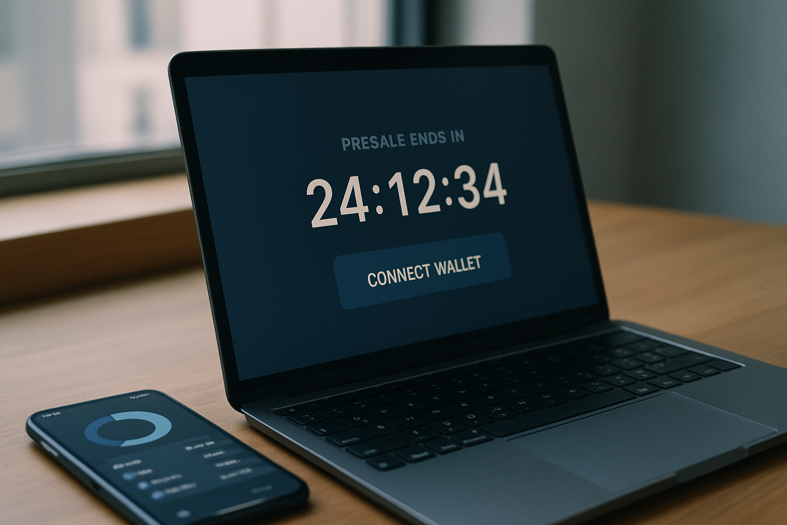 close-up of a laptop screen displaying a cryptocurrency presale countdown timer and wallet connection interface, set on a wooden desk