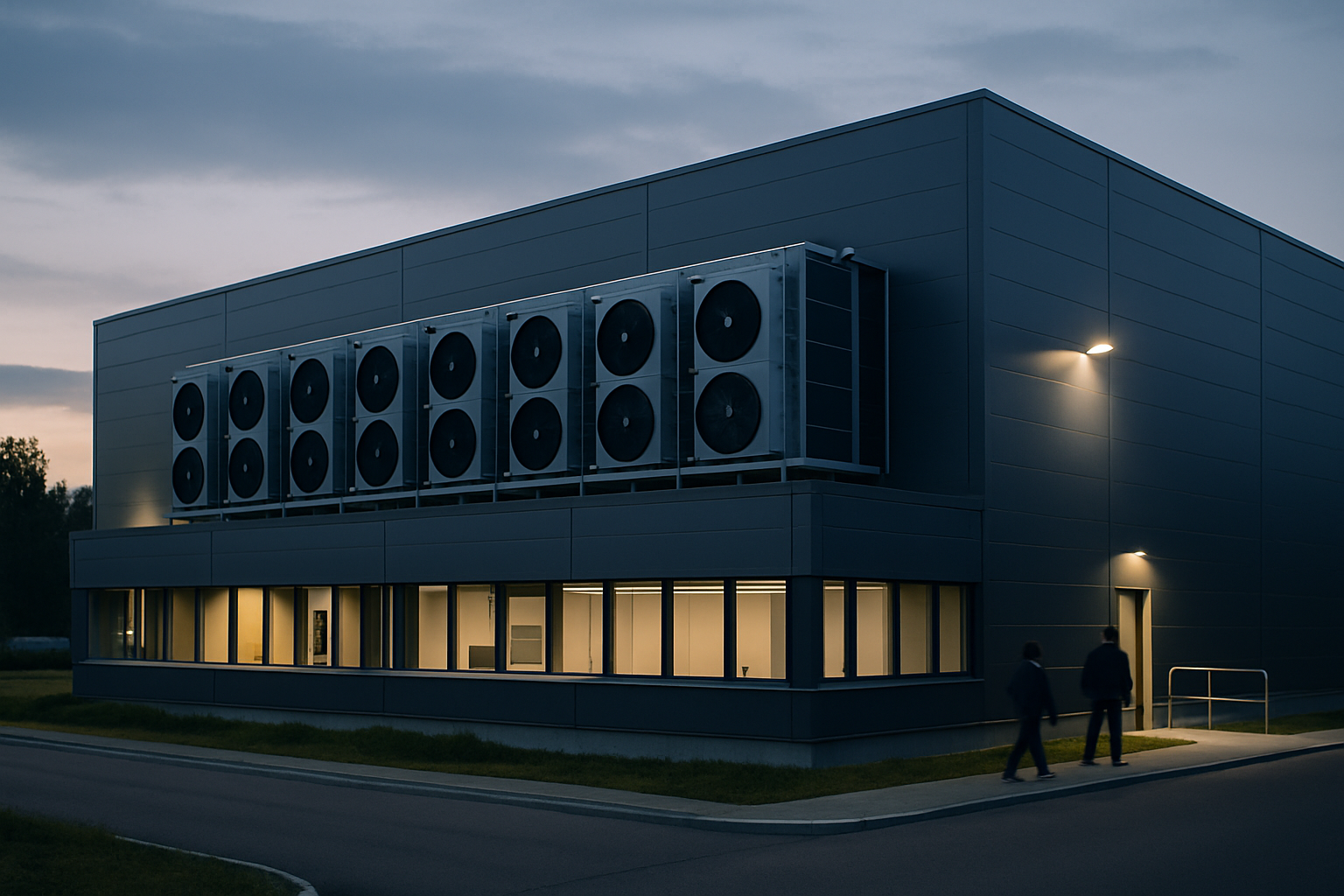 exterior view of a modern data center building at dusk with server cooling units visible along the facade