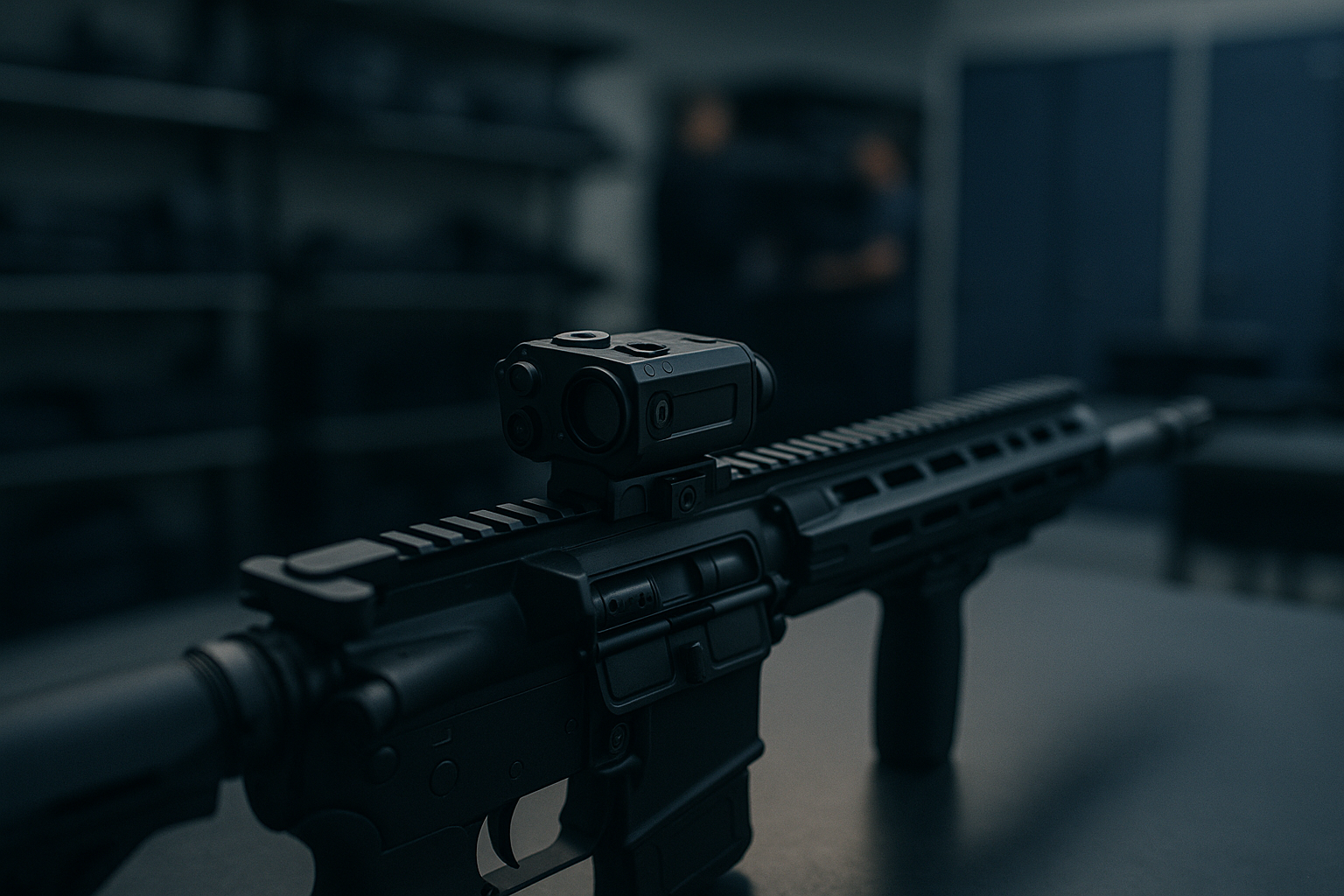 close-up of a tactical rifle resting on a flat surface with a compact electronic module attached to the rail system, photographed in a dimly lit equipment room