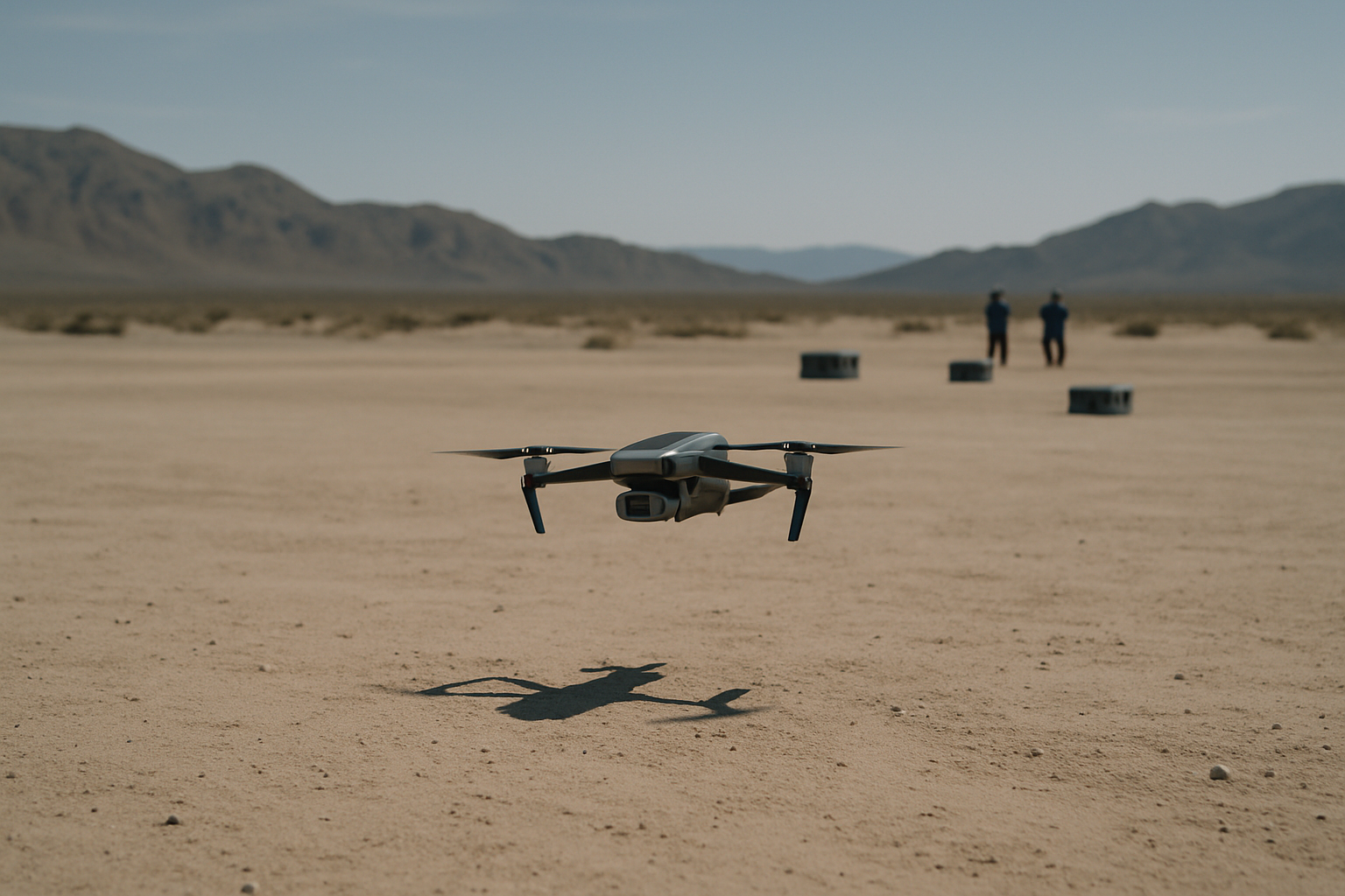 wide shot of an open desert terrain testing range with a small quadcopter drone hovering low above sandy ground, equipment cases visible in the background