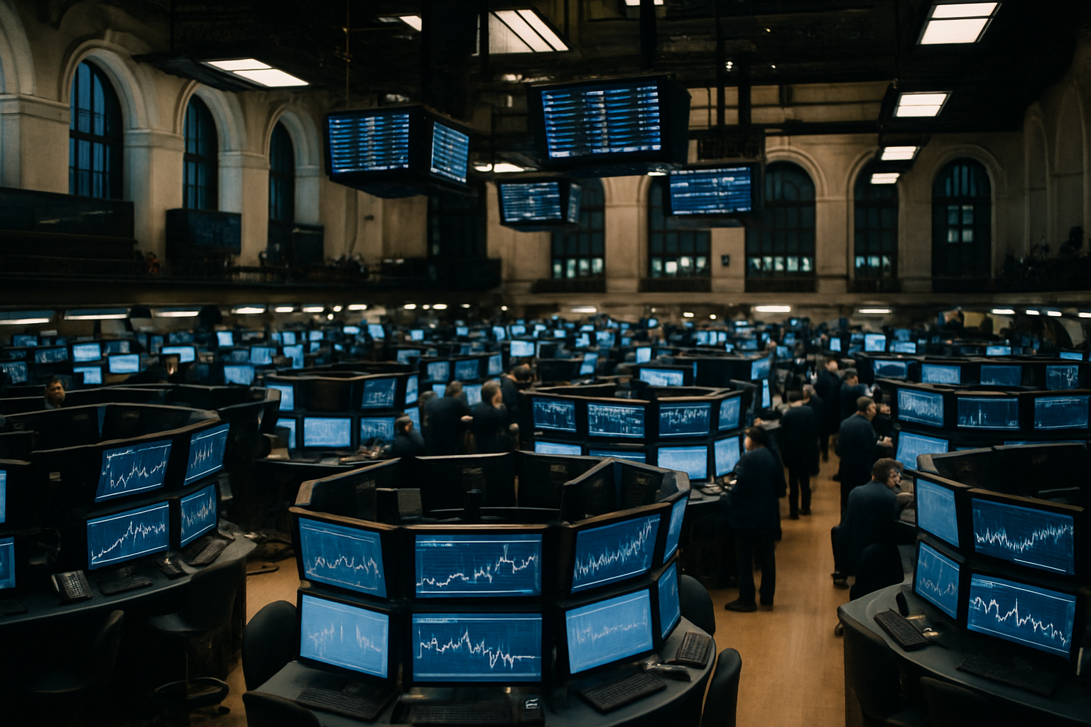 wide-angle shot of the New York Stock Exchange trading floor interior showing rows of terminals and overhead display boards