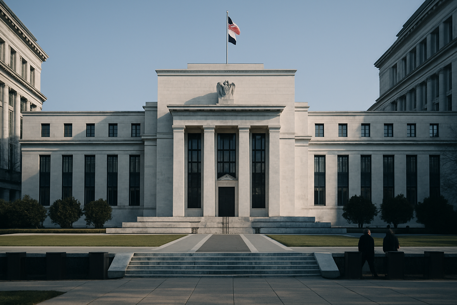 exterior view of the Federal Reserve building in Washington D.C. on a clear morning with surrounding stone architecture visible
