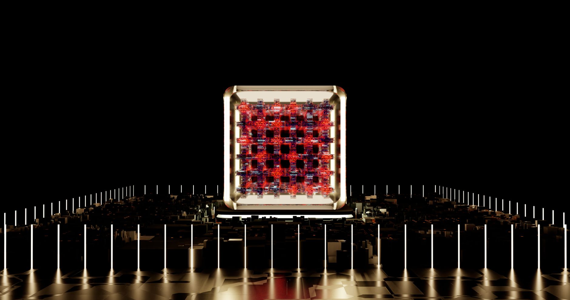 close-up of a quantum processor chip suspended inside a cylindrical cryogenic cooling chamber, metallic wiring visible against a dark background