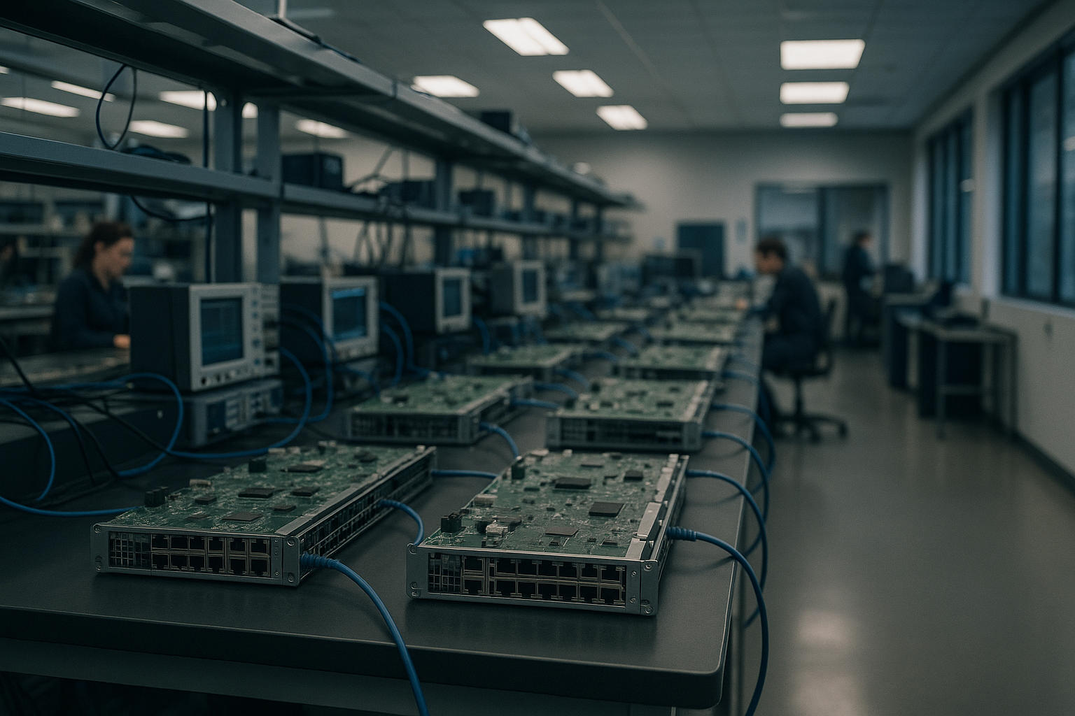 interior of a modern network hardware laboratory with rows of router circuit boards and testing equipment on workbenches