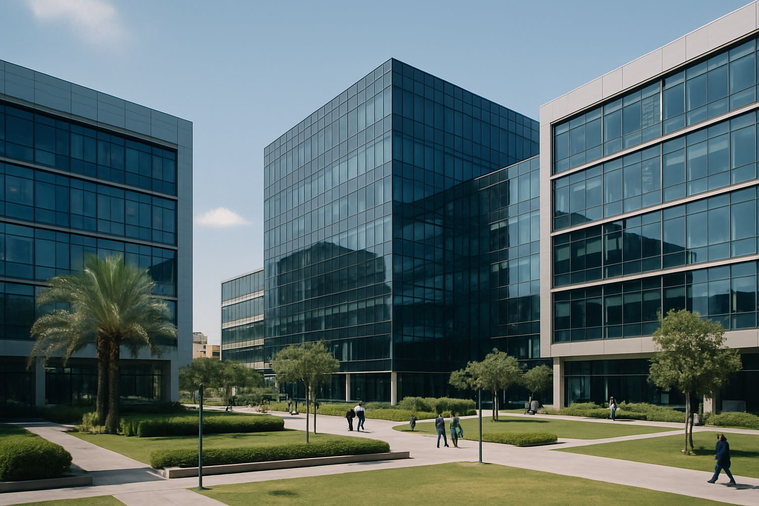 exterior view of a Tel Aviv technology campus at midday, with glass-fronted office buildings and landscaped grounds