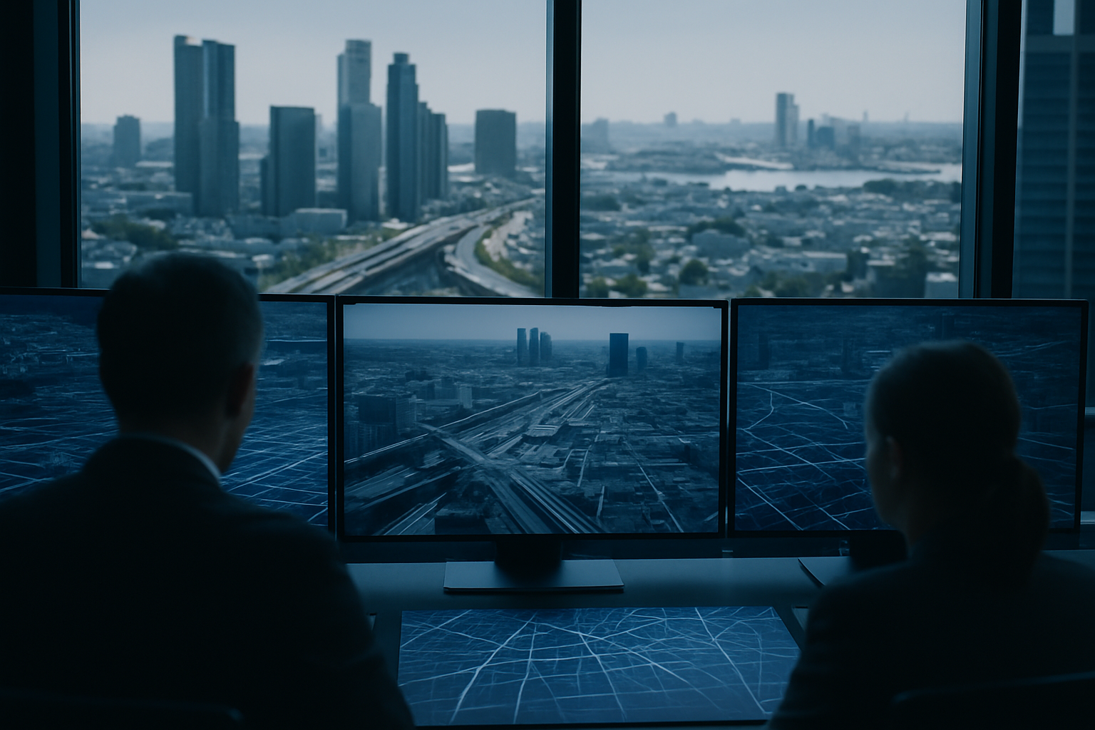 wide aerial view of a modern city district with layered digital grid overlays visible on large monitoring screens inside a control room, no faces visible