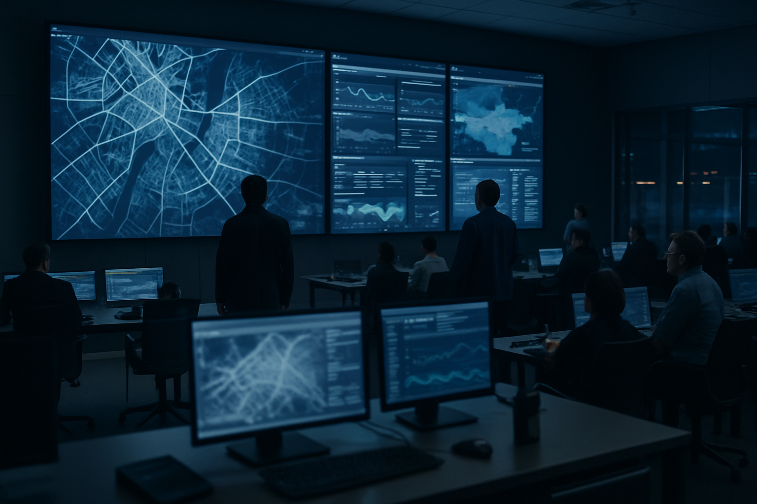 interior of a high-tech emergency operations center with large wall-mounted display screens showing city infrastructure maps and scenario data, equipment in foreground