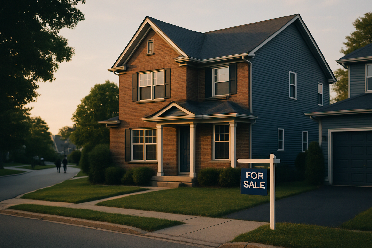 exterior of a suburban two-story brick house on a quiet street, with a for-sale sign visible on the front lawn at golden hour