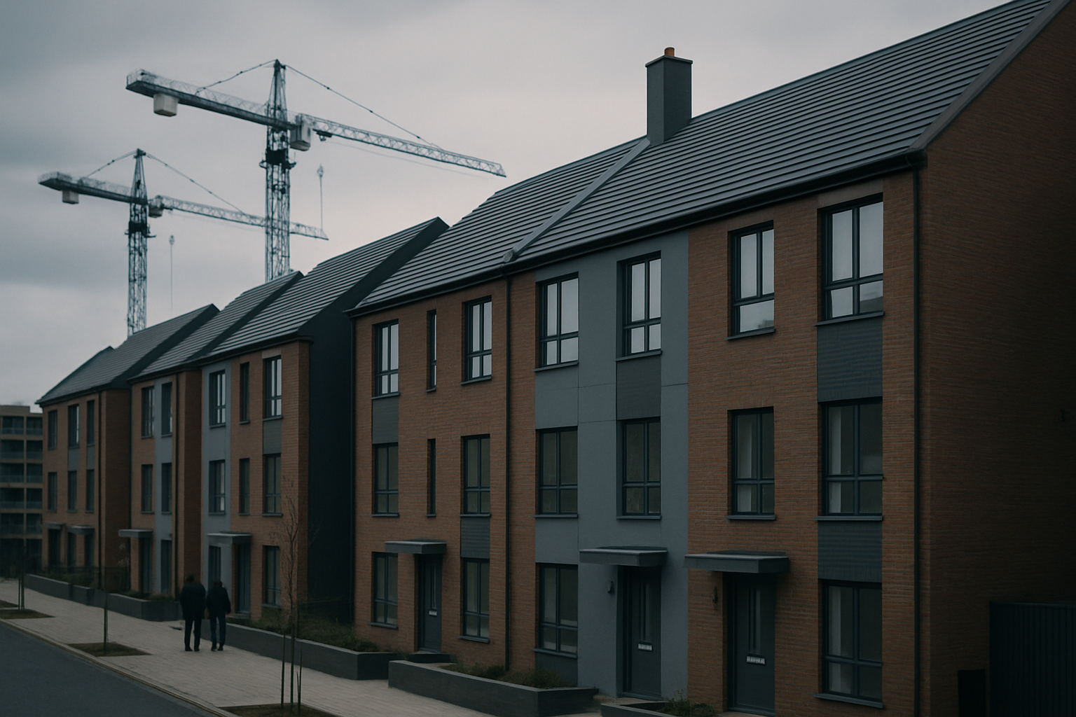 a row of newly built townhouses in an urban development with construction cranes visible in the background against an overcast sky