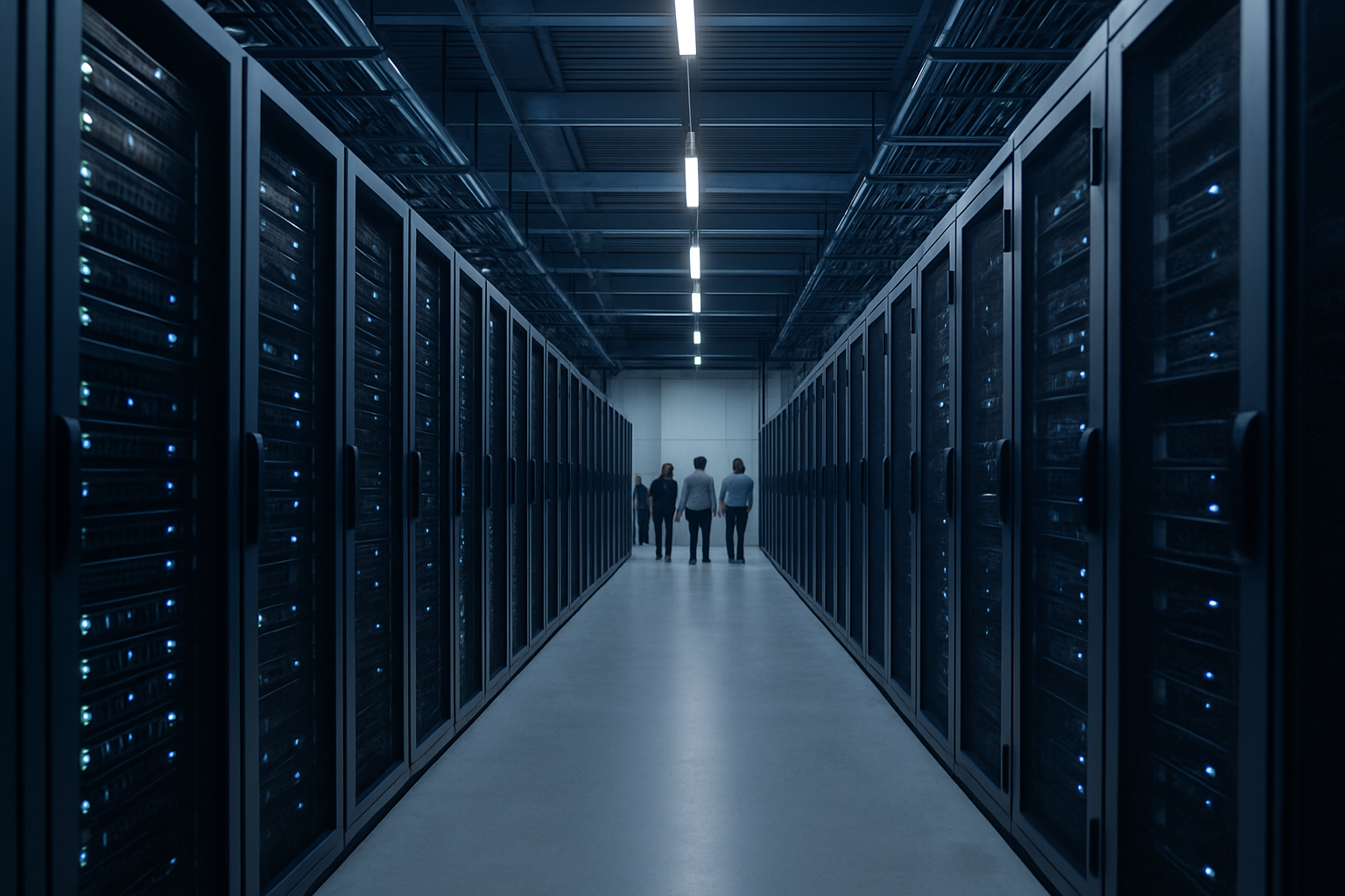 interior of a modern server facility with rows of rack-mounted hardware bathed in blue ambient lighting, cables running along overhead trays