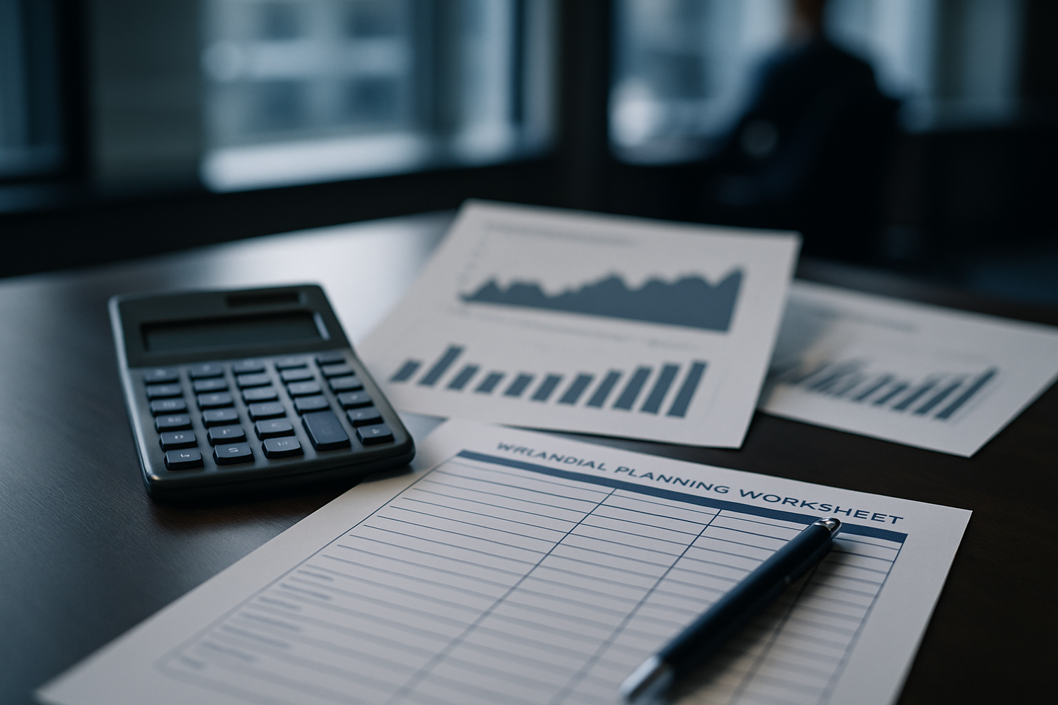 close-up of a financial planning worksheet on a desk with a calculator and printed portfolio performance charts, natural office lighting