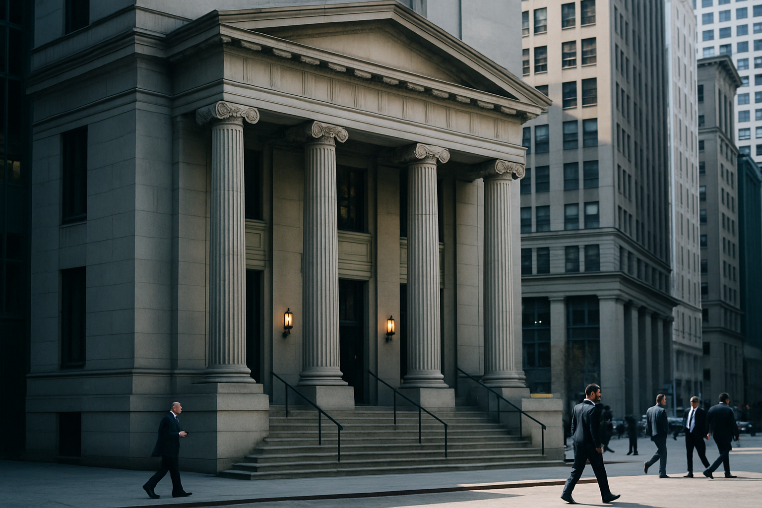 exterior of a major stock exchange building at midday, stone facade and entry steps visible with financial district architecture in background