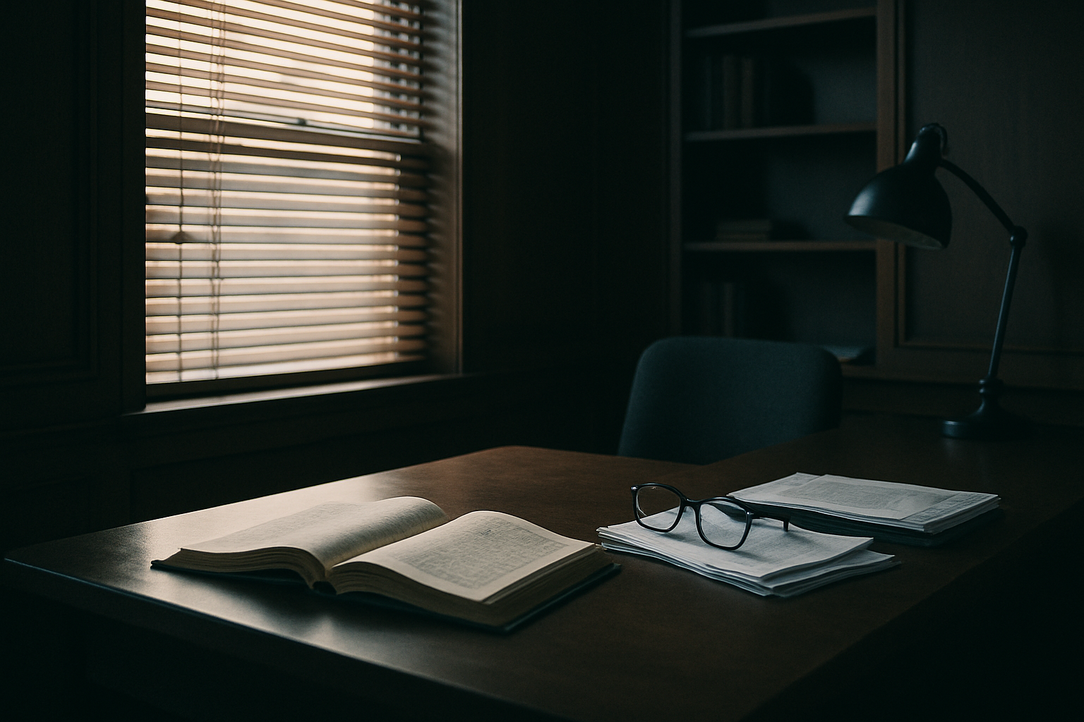 A quiet wood-paneled home office with a large desk, an open ledger book, reading glasses resting on a stack of financial statements, and late-afternoon light filtering through closed blinds