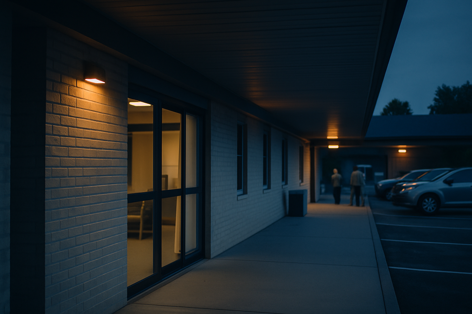 The exterior corridor of a long-term care facility at dusk, featuring pale brick walls, a sliding glass entrance door, and a small parking lot with a few vehicles visible under orange-tinted overhead lights