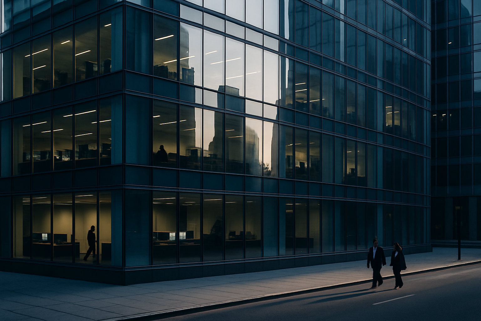 exterior of a glass-fronted financial district office tower reflecting morning light, with empty sidewalk visible below