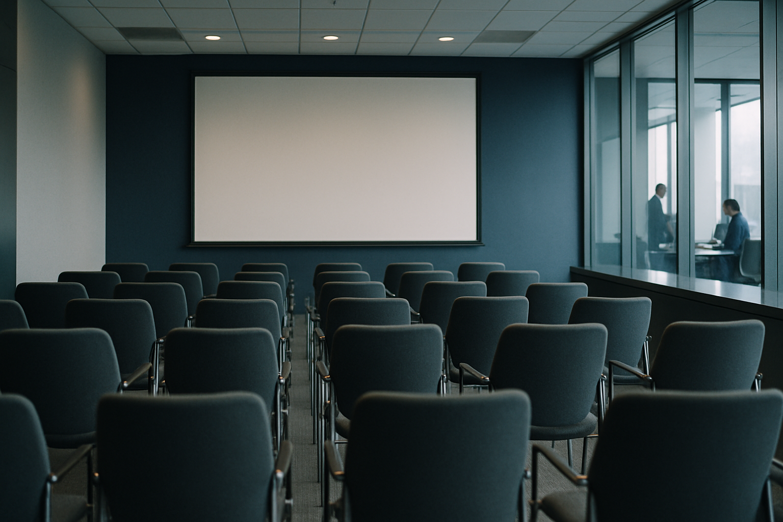 rows of empty conference room chairs arranged in front of a large projection screen in a corporate boardroom