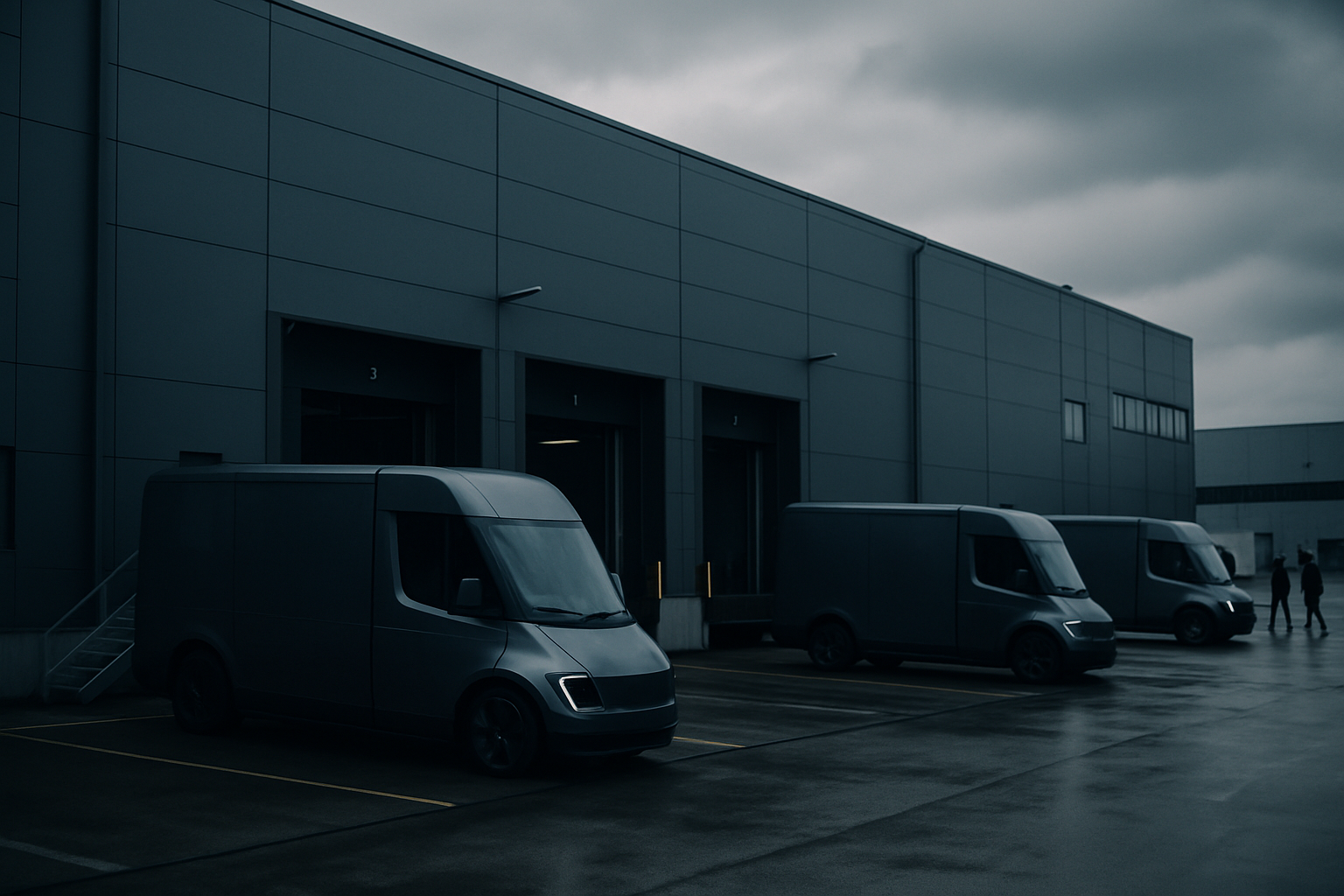 exterior of a large electric vehicle manufacturing facility with loading bays and parked delivery trucks on an overcast day