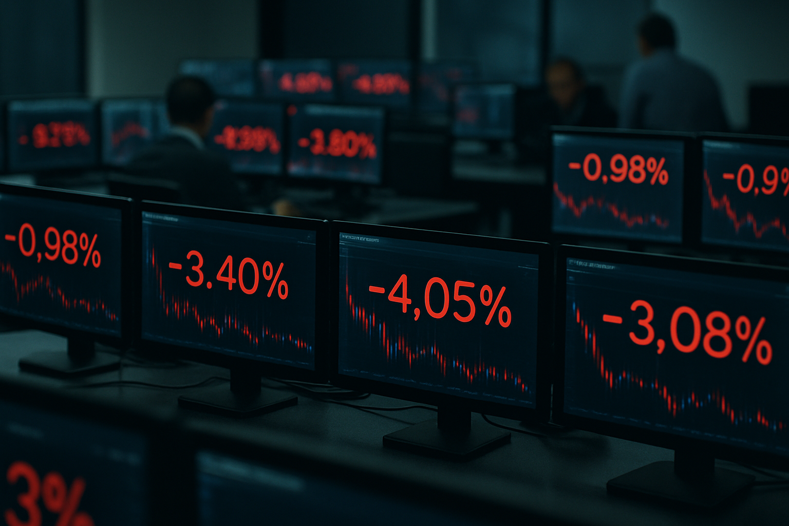 rows of electronic trading terminals displaying cascading red percentage figures across multiple asset screens in a dimly lit trading room