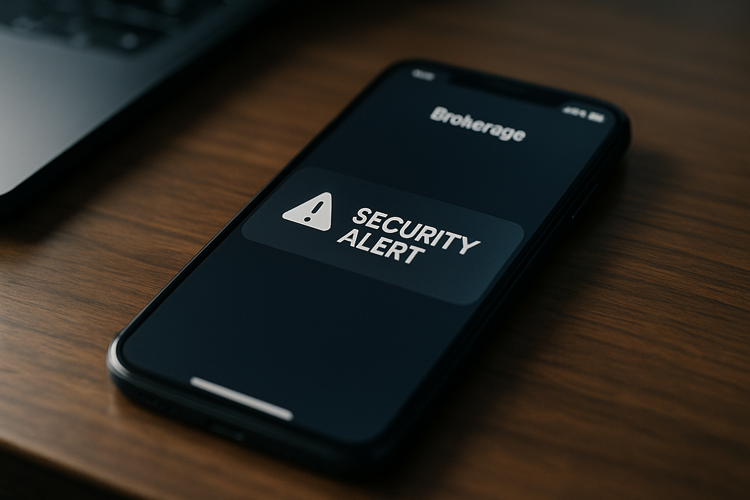close-up of a smartphone screen displaying a security alert notification from a brokerage app, resting on a wooden desk