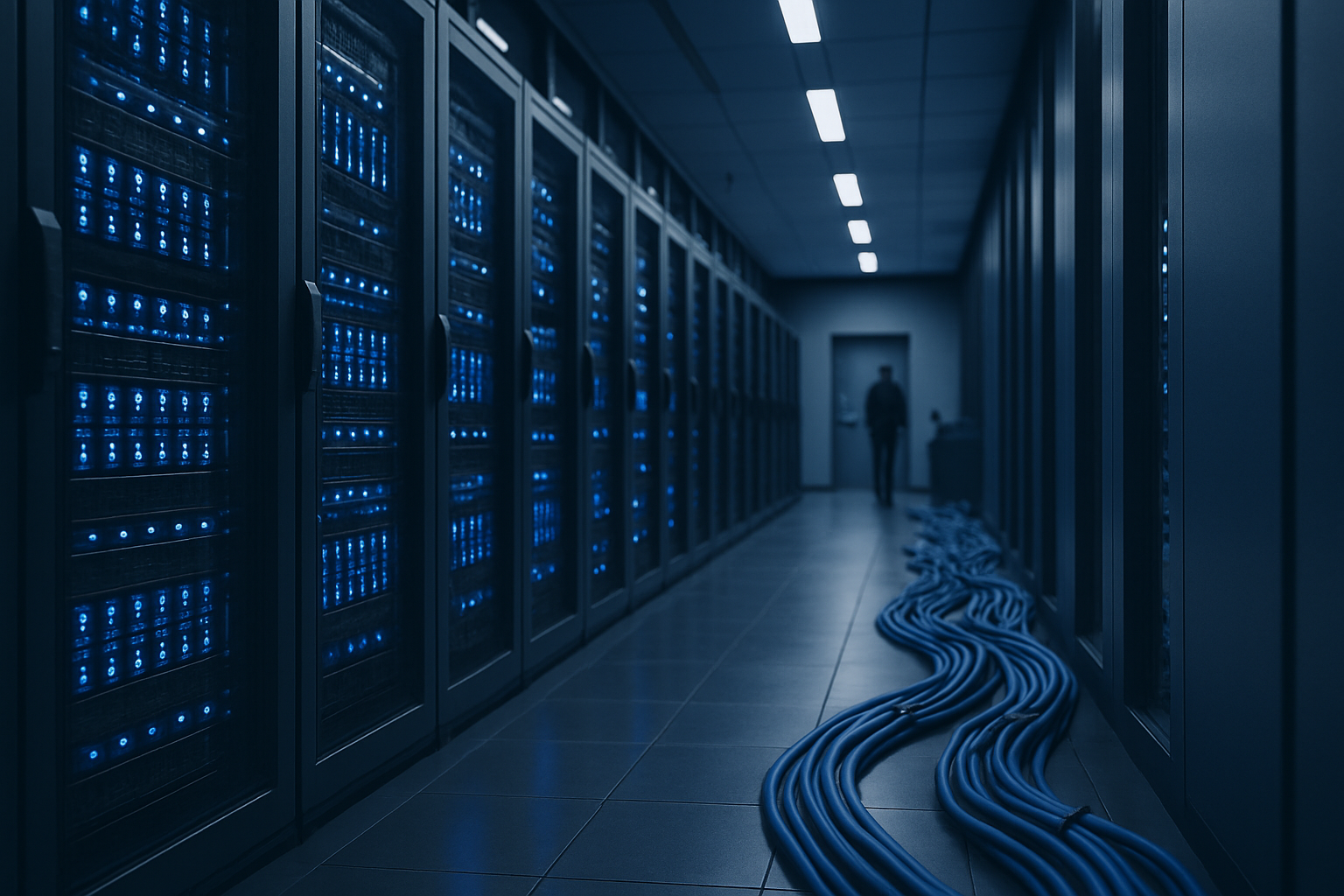 rows of server rack units inside a data center facility illuminated by blue LED lighting, with cable bundles running along the floor