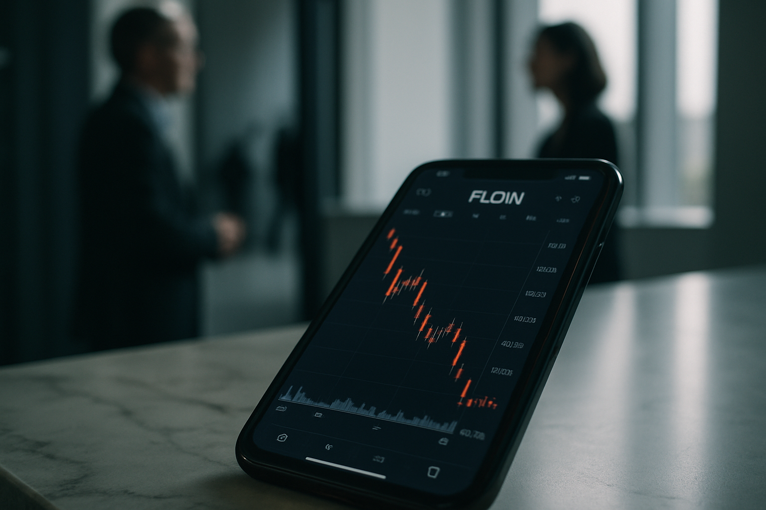 close-up of a digital trading terminal displaying the FLOW token price chart with declining candlestick patterns on a dark background