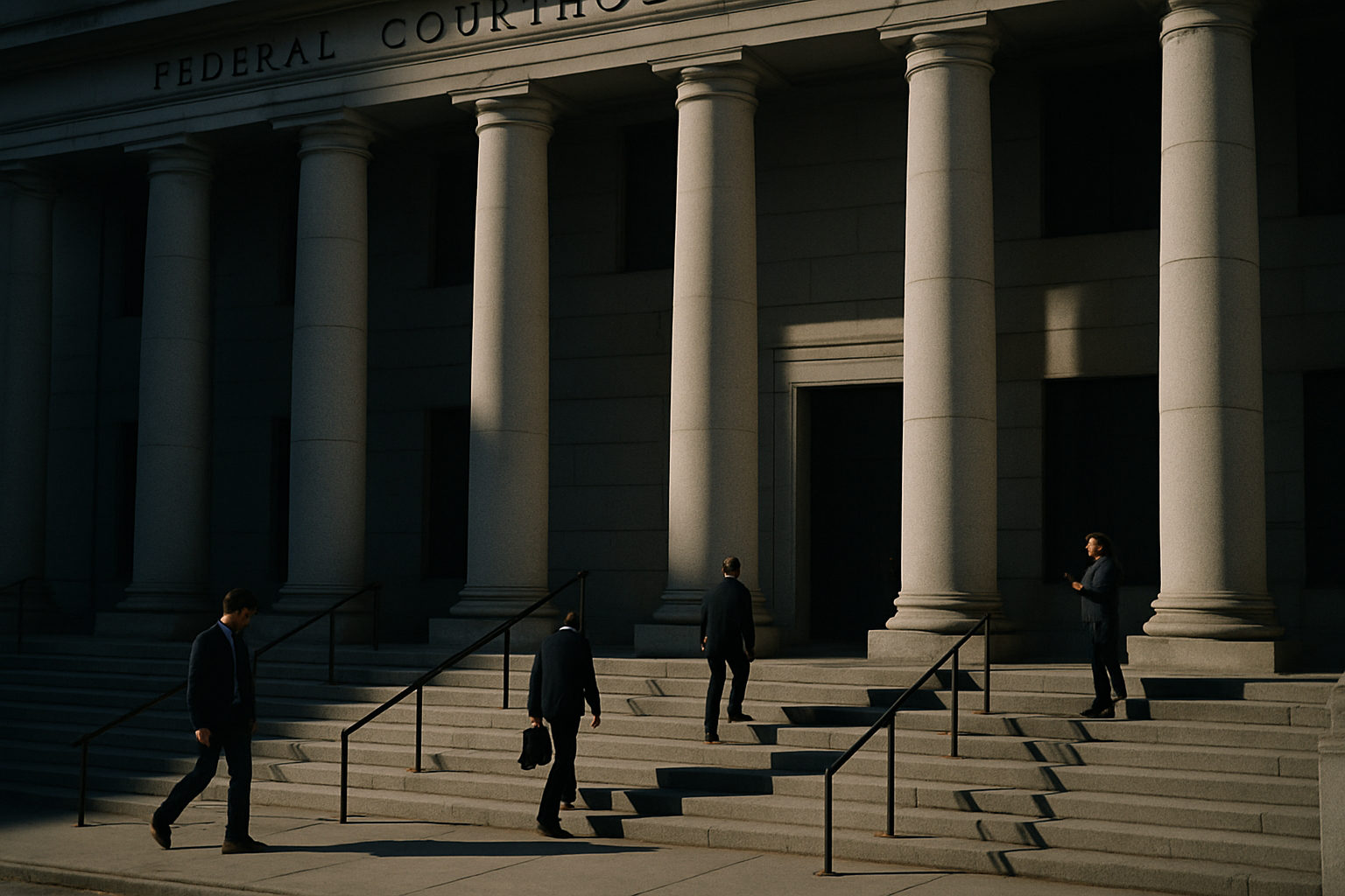 exterior of a federal courthouse building with stone columns and wide steps, empty late afternoon light casting long shadows across the facade