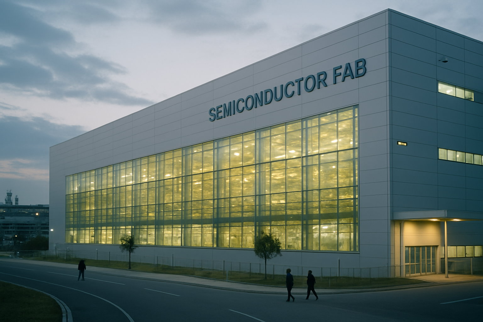 exterior of a large semiconductor fabrication facility in South Korea at dusk, with industrial lighting visible through glass panels