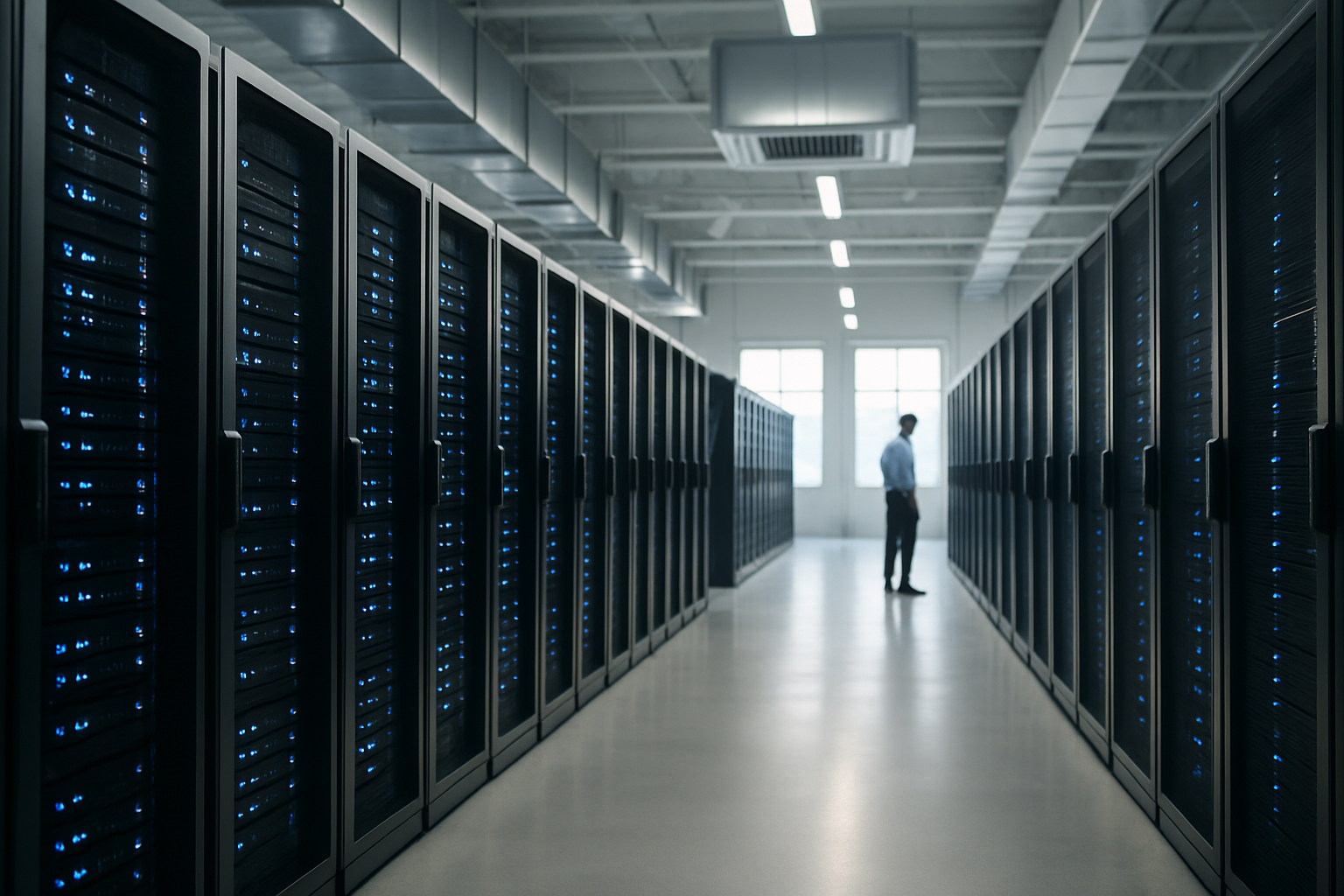 rows of server racks inside a large data centre, illuminated by blue indicator lights with cooling units visible in the background
