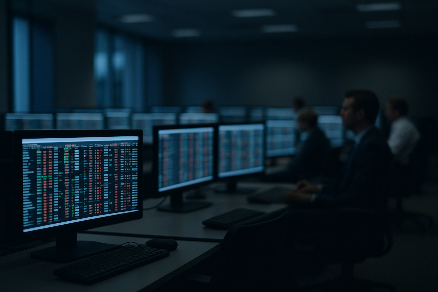 rows of illuminated trading terminals displaying a grid of ticker symbols and price movements in a dimly lit exchange operations room