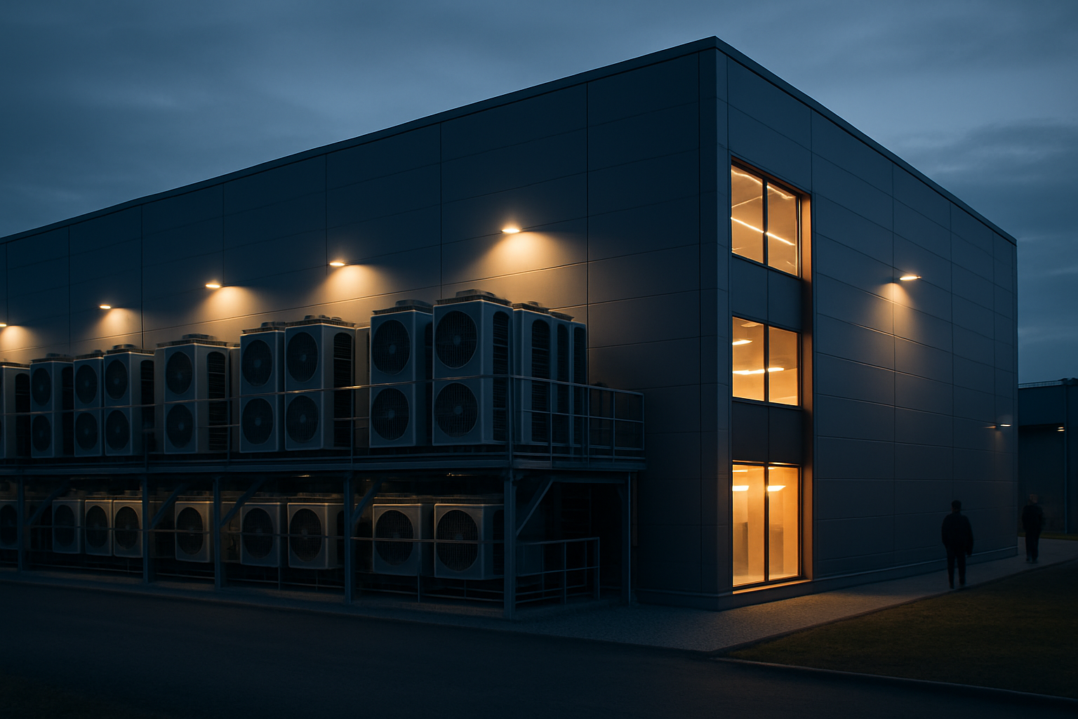 exterior view of a modern data centre facility at dusk, with rows of cooling units visible along the building's facade and soft amber light reflecting off the structure