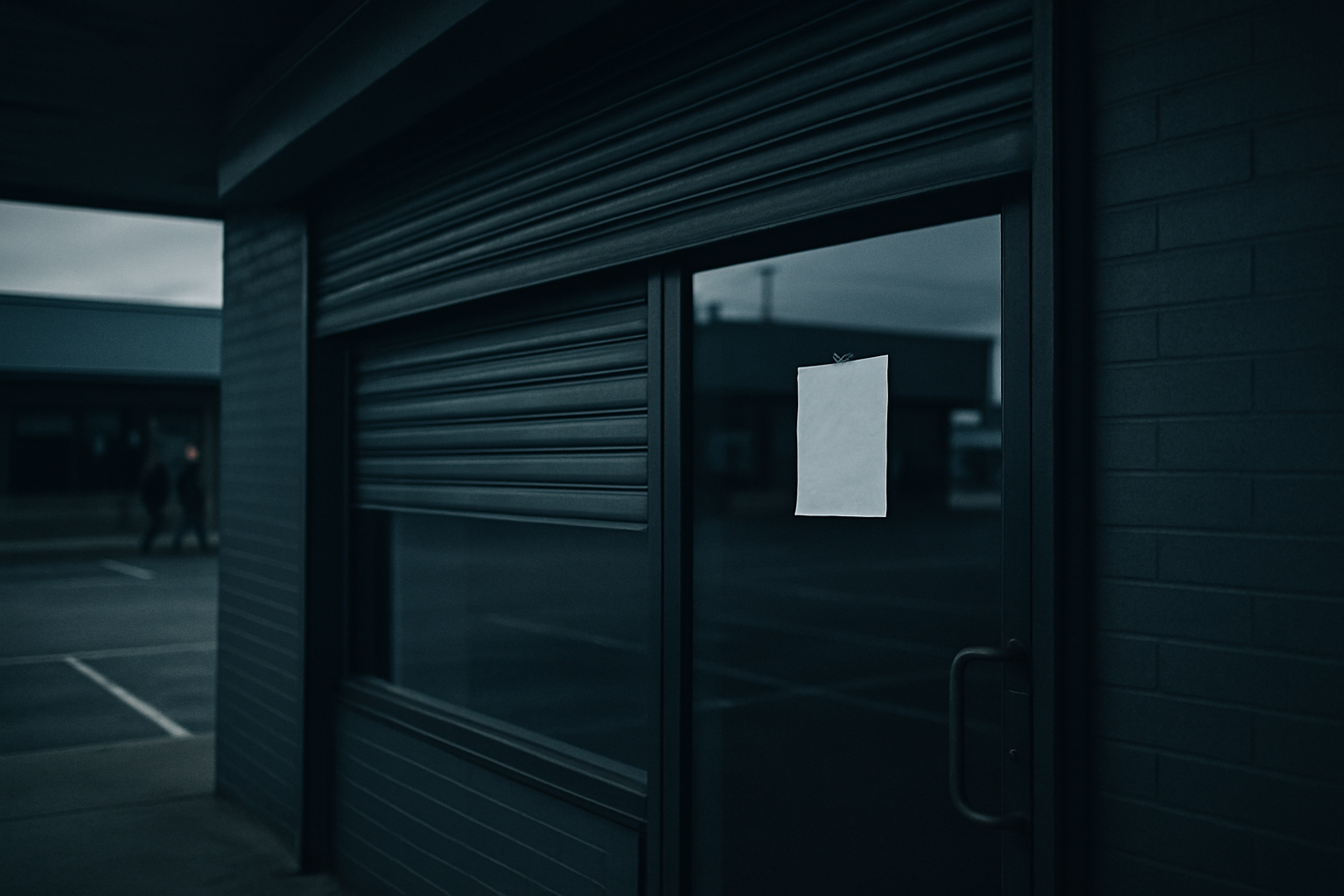 exterior of a closed storefront with a hand-written sign taped to the glass door, metal shutters partially drawn, and an empty parking lot in front