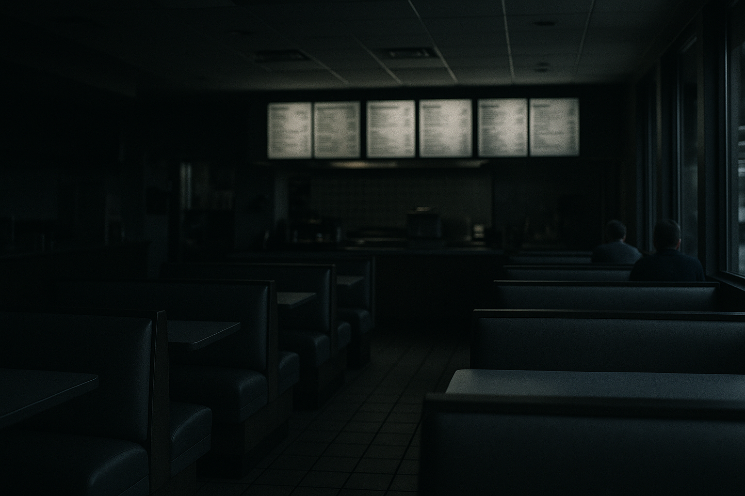 row of vacant dining booths inside an empty fast-casual restaurant, overhead lighting switched off and menus still displayed on the wall behind the counter