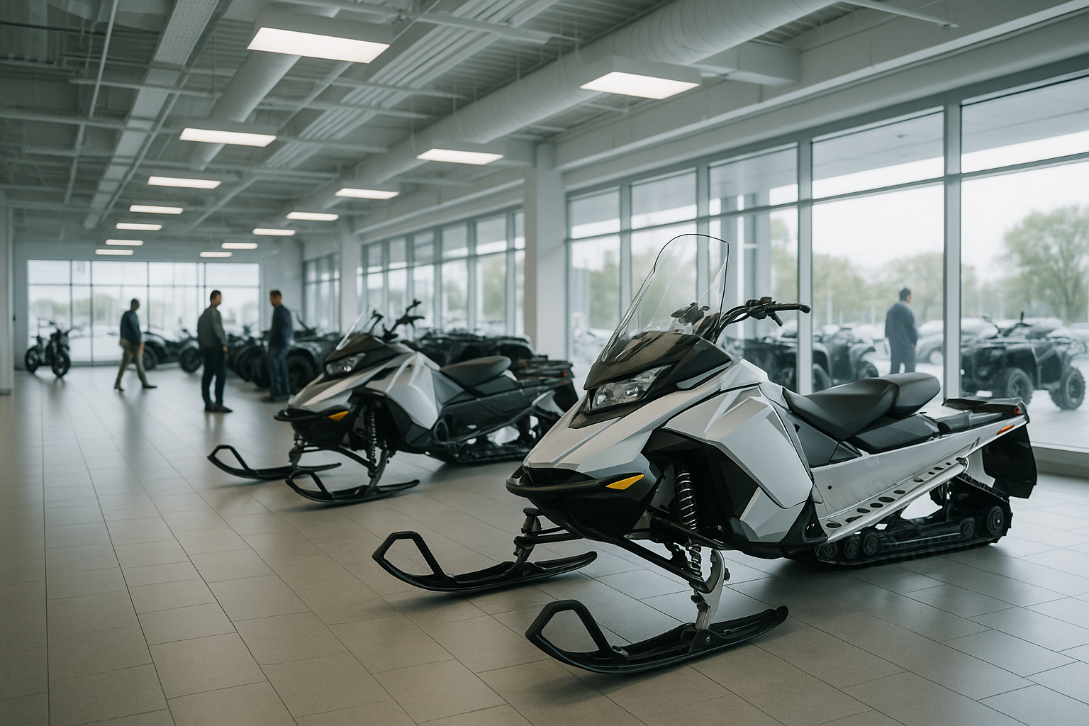 interior of a modern powersport vehicle dealership showroom with electric snowmobiles on display, clean industrial flooring and bright overhead lighting